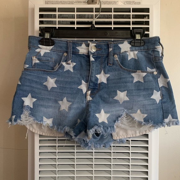 High Rise Distressed Jean Shorts w Exposed Pockets - Picture 3 of 11